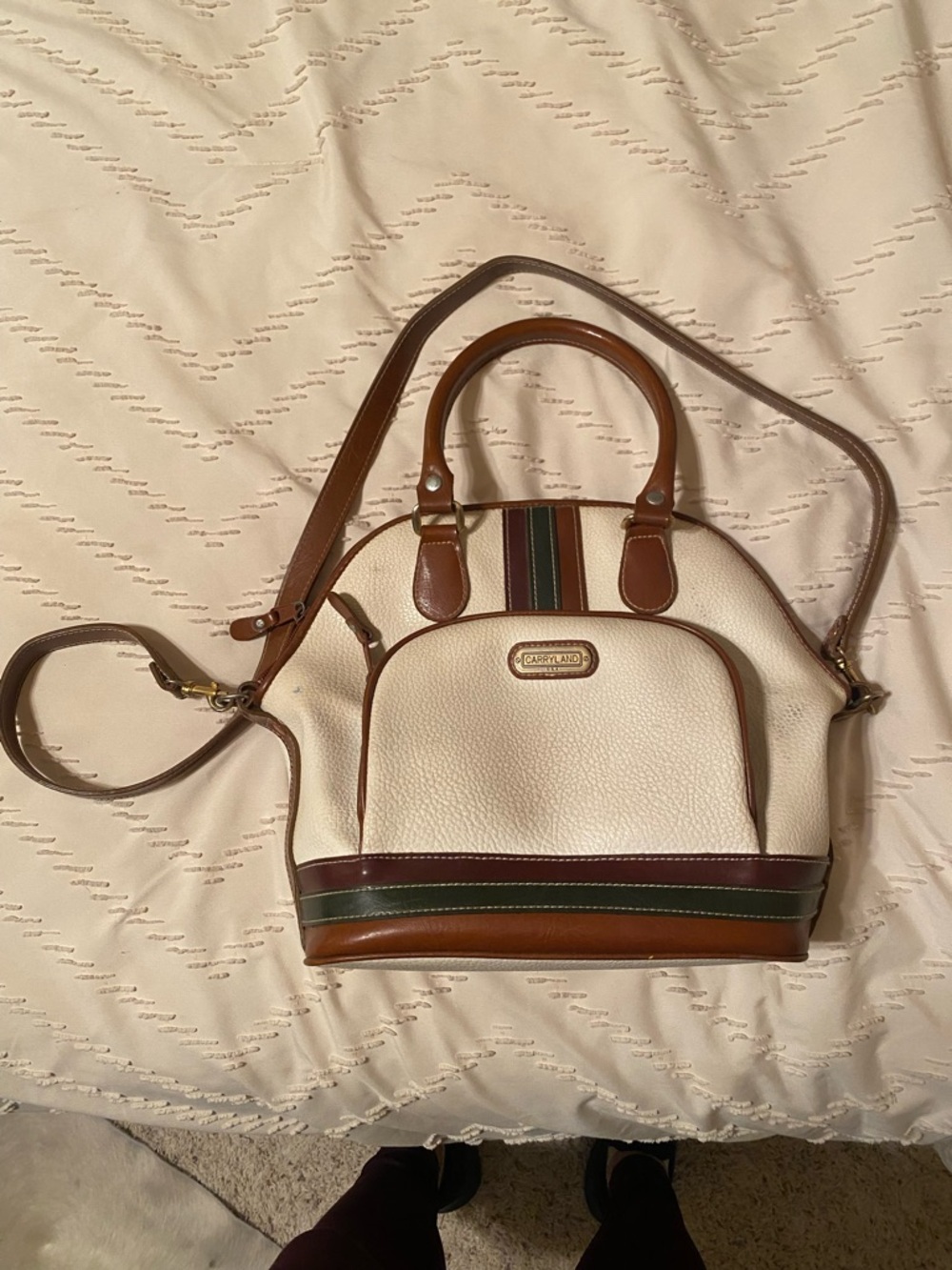 Cream and Brown leather Women’s Dome Satchel with Striped Accent by Carryland